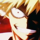 Katsuki Bakugo with a wide, menacing grin and a dark shadow covering half of his face.