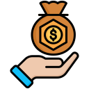 Hand holding a brown money bag with a dollar sign icon.