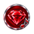 A red ruby gemstone inside a silver circular frame with a small musical note icon in the corner.