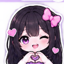Anime girl with long dark hair and a pink bow winking while making a heart shape with her hands.