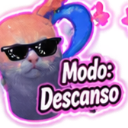 Cat wearing black sunglasses with pink glowing text that says Modo: Descanso.