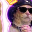 A cat wearing a black bucket hat and dark sunglasses with a glowing purple aura around it.