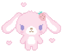 A small pink pixel bunny with a strawberry on its ear surrounded by floating hearts.