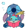 A blue alien character with large ears slowly falls asleep while holding a doll and an open pink book.
