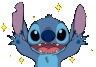 Stitch the blue alien with large ears cheering with a wide smile and sparkling stars around him.