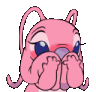A pink alien creature with long antennae blushing and covering its face with both hands.