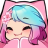 Anime girl with blue and pink hair smiling happily while wrapped in a pink blanket.
