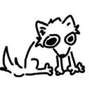 A simple black and white line-art creature with giant, empty eyes staring forward with a confused expression.