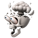 A white skull with bulging eyes and a mushroom cloud erupting from the top of its head.