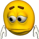Yellow 3D smiley face with a sad, dejected expression and white gloves resting at its sides.