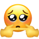 Yellow emoji face with large pleading eyes and hands covering its mouth.
