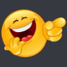 Yellow emoji face laughing with mouth wide open, pointing a finger to the right.