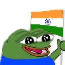 Pepe the Frog smiling happily while holding and waving the Indian flag.