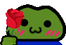 A green frog character with a blushing face and a cute mouth holding a red rose.