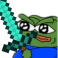 Peepo the frog holding a pixelated diamond sword with a determined expression.