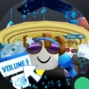 Roblox character wearing sunglasses and a straw hat interacting with a volume slider interface.