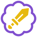 A golden sword centered inside a purple scalloped badge.