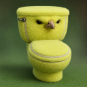 A fuzzy yellow toilet with a bird head and angry eyes staring forward.