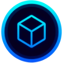 A glowing blue cube icon centered on a dark blue circular background.