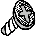 A stylized metal screw shown at an angle with a cross-head top.