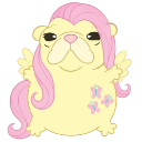 Fluttershy from My Little Pony with a rotund body and pink hair, looking calm and content.