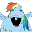 Rainbow Dash with a distorted face and buck teeth looking intensely chaotic.