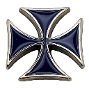 A 3D metallic cross with a dark blue center and silver edges.