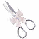 Silver scissors decorated with a soft pink ribbon bow.