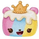 A colorful rainbow-swirled cake character with a happy face and a small golden crown on top.