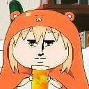 Anime girl wearing an orange bear hoodie with a hyper-realistic, stoic face holding a glass of juice.