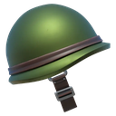 A green military combat helmet with a brown strap.