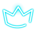 Crown icon rendered in glowing cyan neon lines against a black background.