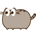 Pusheen the cat with large, wide eyes looking around curiously.