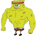Spongebob with extremely large, muscular arms and a serious expression.