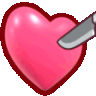 A glossy pink heart being repeatedly stabbed by a silver knife with small red drops appearing.