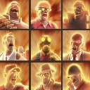 Nine Team Fortress 2 characters in a grid all screaming with open mouths against a glowing orange background.