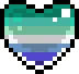A pixelated heart icon colored with the shades of the gay men's pride flag.