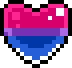 A series of pixelated hearts colored in pink, purple, and blue representing the bisexual pride flag.