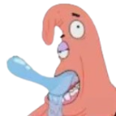 Patrick Star with wide eyes and a long, drooling blue tongue sticking out.
