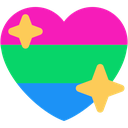 Heart shaped icon featuring horizontal stripes of pink, green, and blue with two yellow sparkles.
