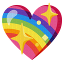 Heart shape filled with rainbow stripes and decorated with two yellow four-pointed stars.