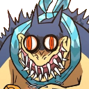 Typhlosion with bloodshot eyes and a massive, sharp-toothed grin looking completely deranged.