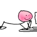 A pink-headed stick figure leaning back while typing on a computer keyboard.