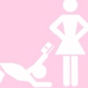 A stick figure kneeling and offering a credit card to a standing figure against a pink background.