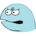 A light blue blob character with a grumpy, annoyed expression and furrowed eyebrows.