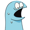 A blue blob character with a wide-open mouth and large eyes looking panicked.