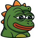 A green frog wearing a dinosaur onesie with orange spikes looking smug.