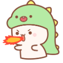 A small white character wearing a green dinosaur hood with a fierce expression while breathing a stream of red fire.