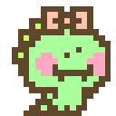 A small green pixel dinosaur with a pink bow on its head cycles through happy expressions.
