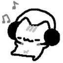 A small, simple line-art creature wearing large headphones with musical notes floating around its head.